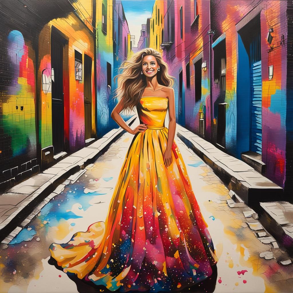 Vibrant Street Art Portrait of Woman in City Alley