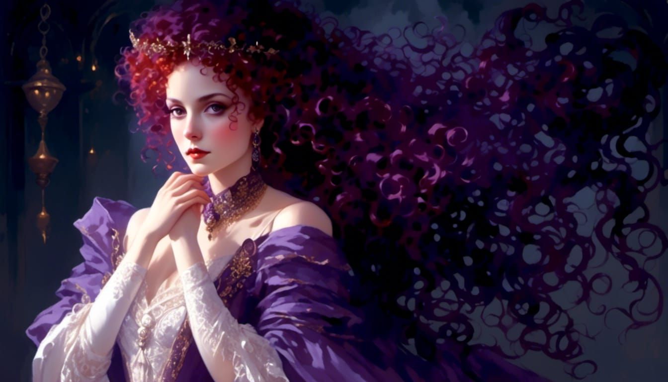 Victorian Witch Portrait with Purple Hair in Hyperrealism