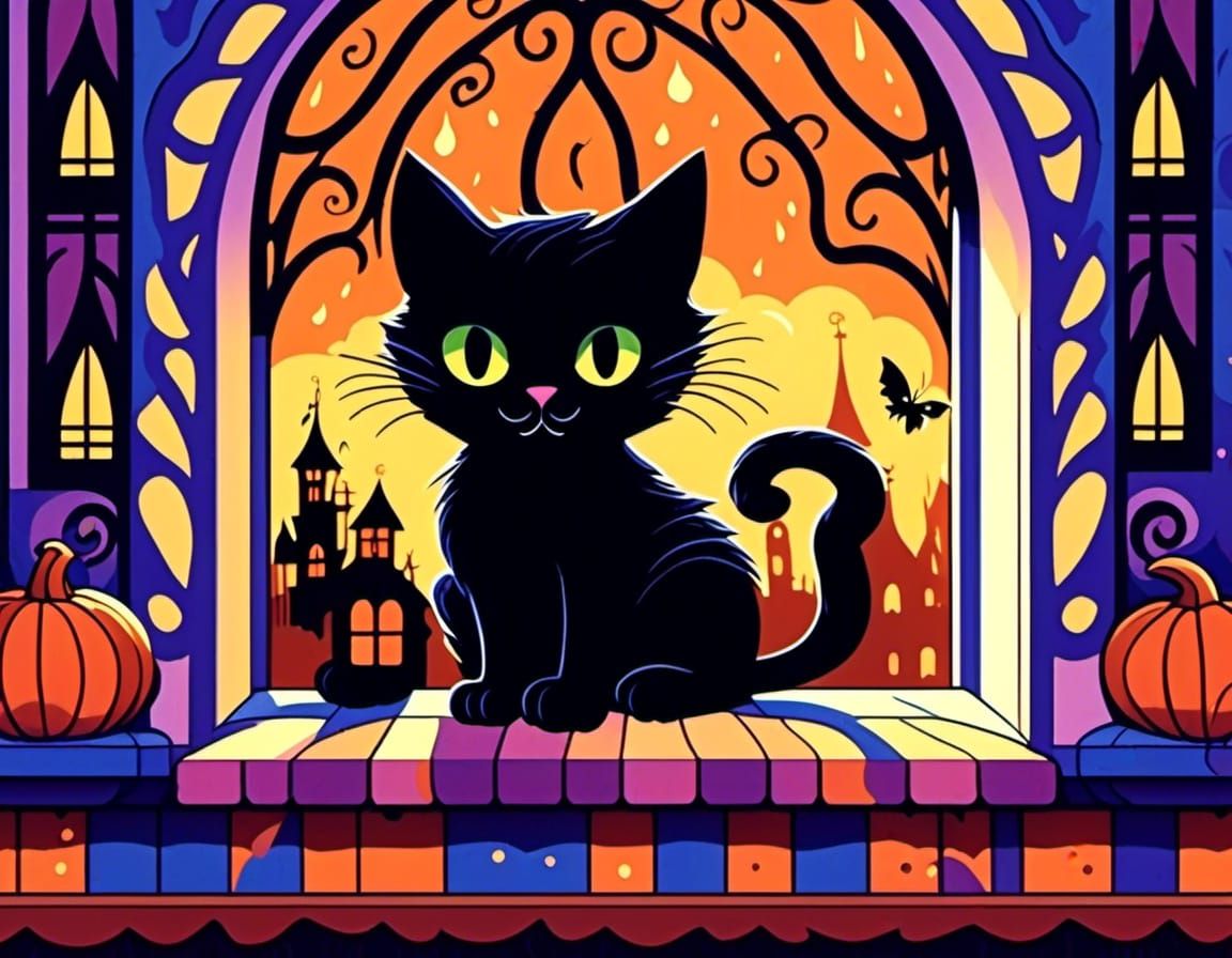 haunted houses and black cats, quirky, <lora:Wizard Cats:1.0>