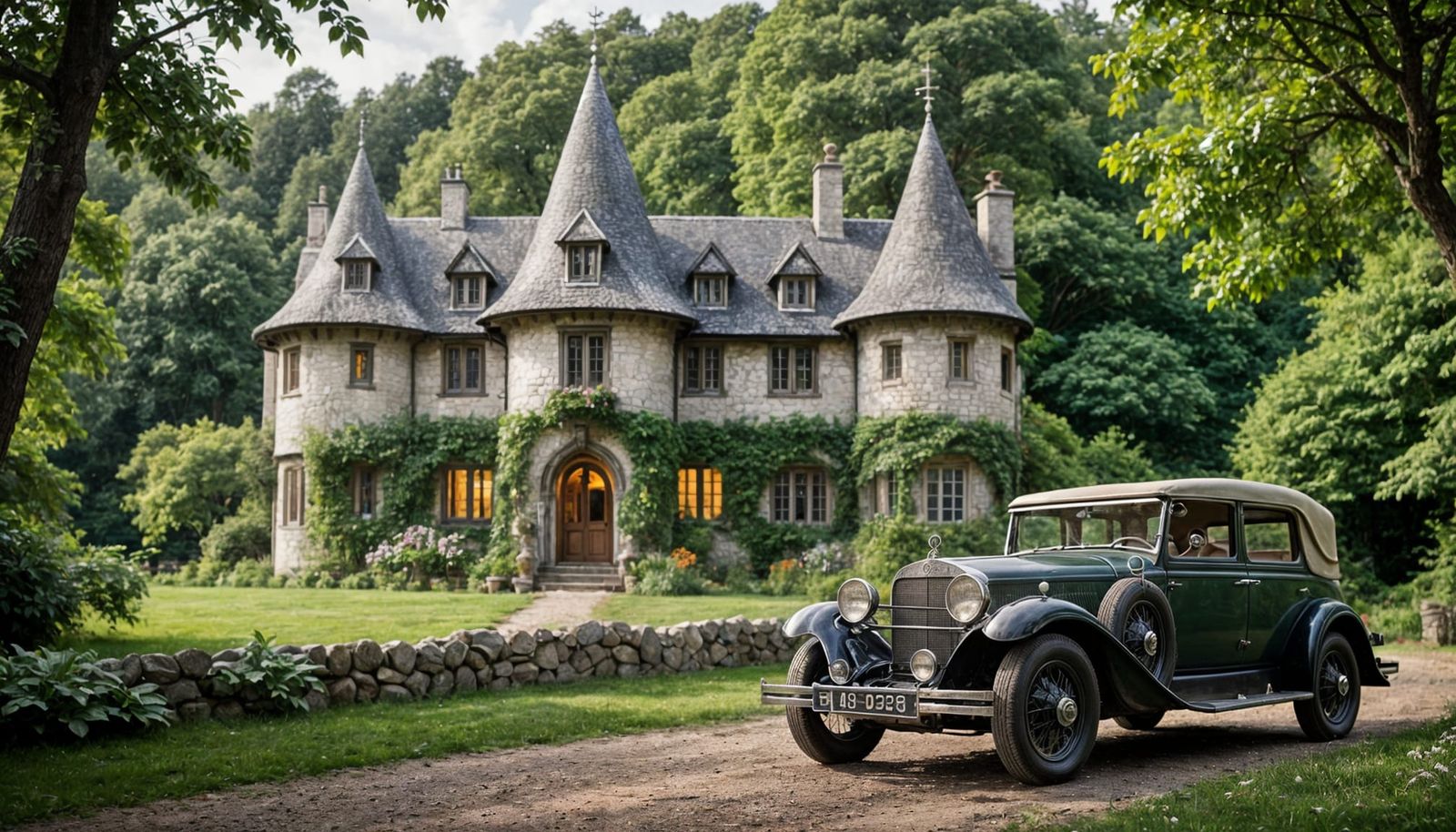 Vintage Mercedes Beside Whimsical Elven Cottage in Enchanted...