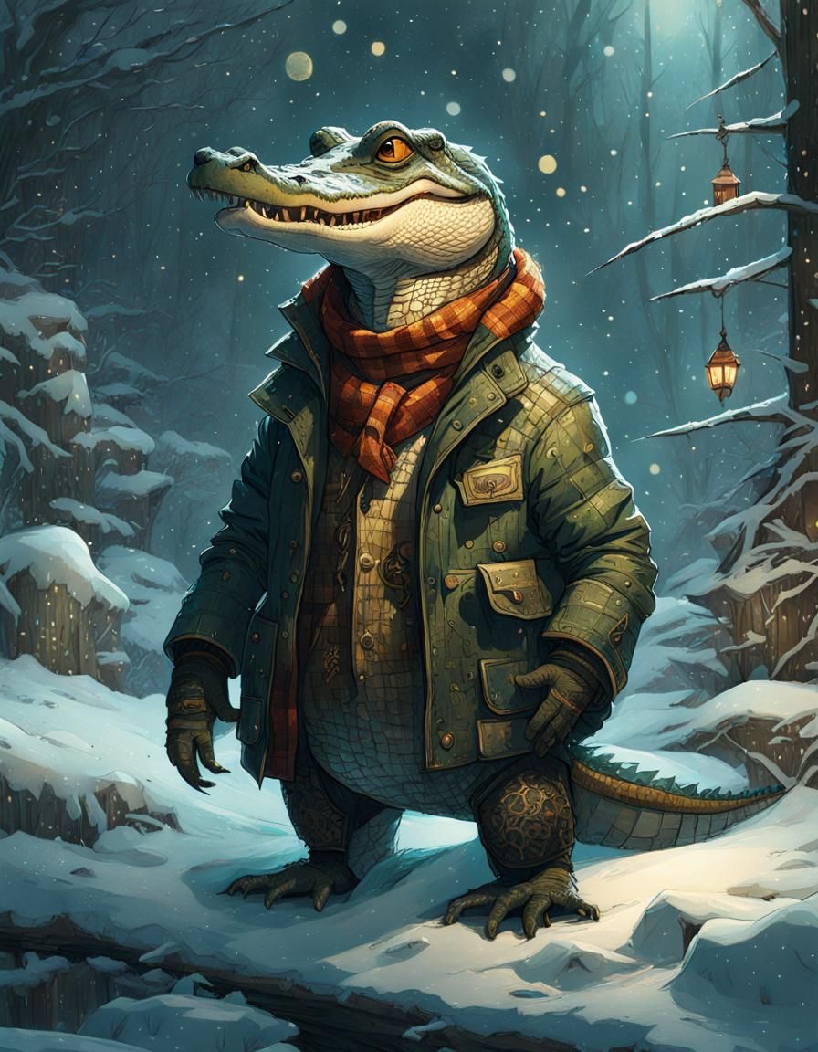 Alligator in Beanie Winter Scene: Detailed Digital Art
