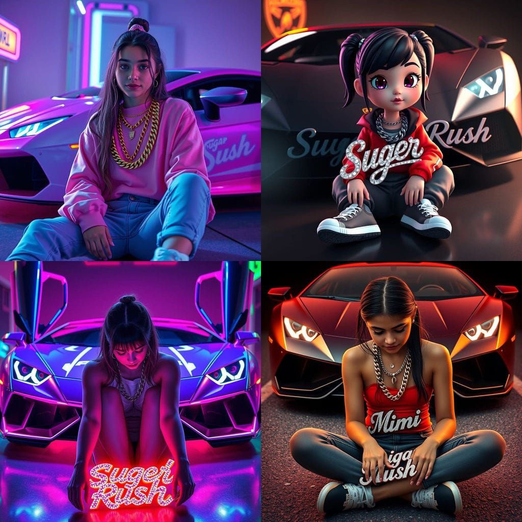 Surreal Teenage Girl in Front of a Lamborghini, Adorned with...