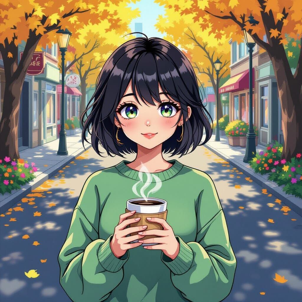 Anime Girl with Coffee Amidst Mystical City Street