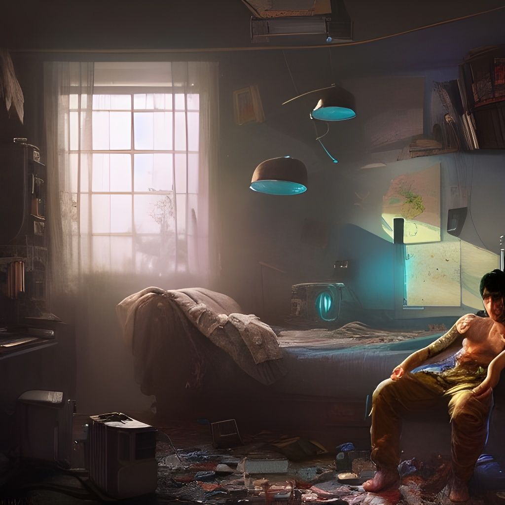 Sad Gamer in Cluttered Room, Fantasy Art