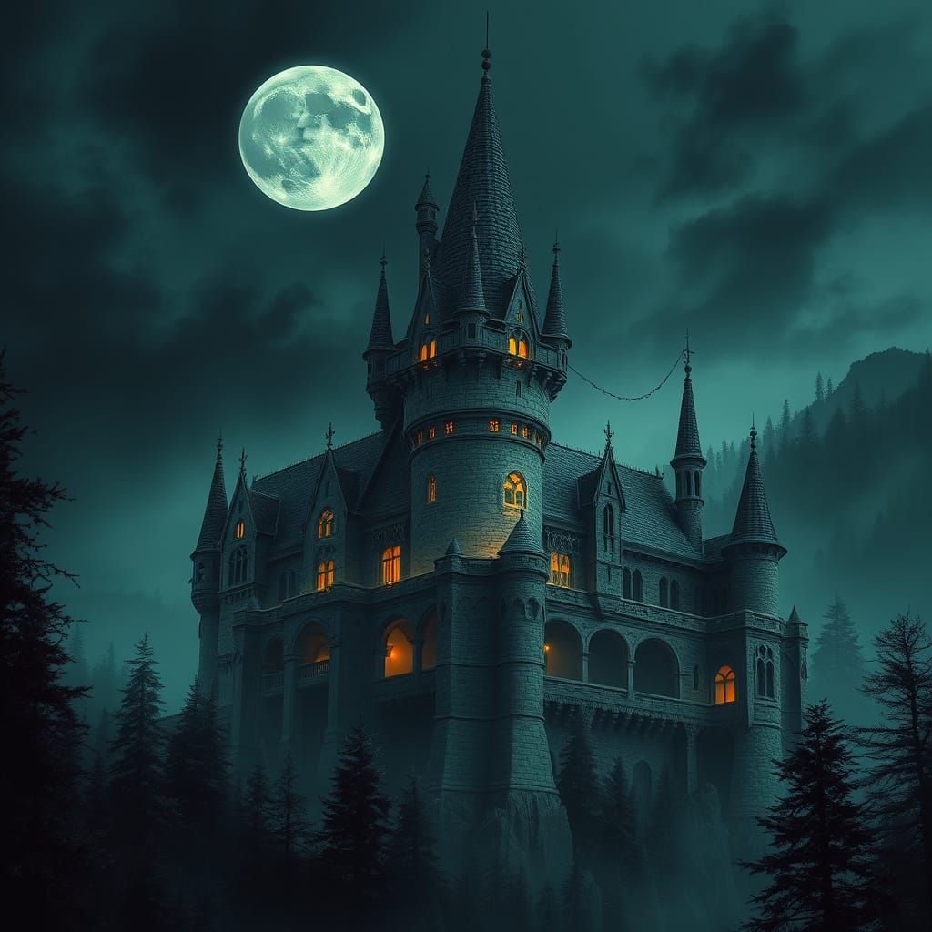 Mystical Castle Under Black Moon in Digital Art Style