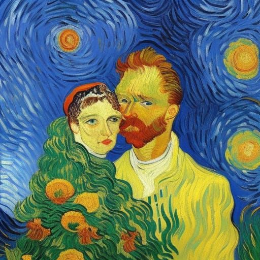Van Gogh giving french kiss  , vivid color , isolated on white background