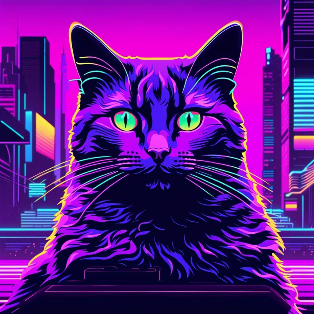 Neon Cat in Cyberpunk Retro Cityscape