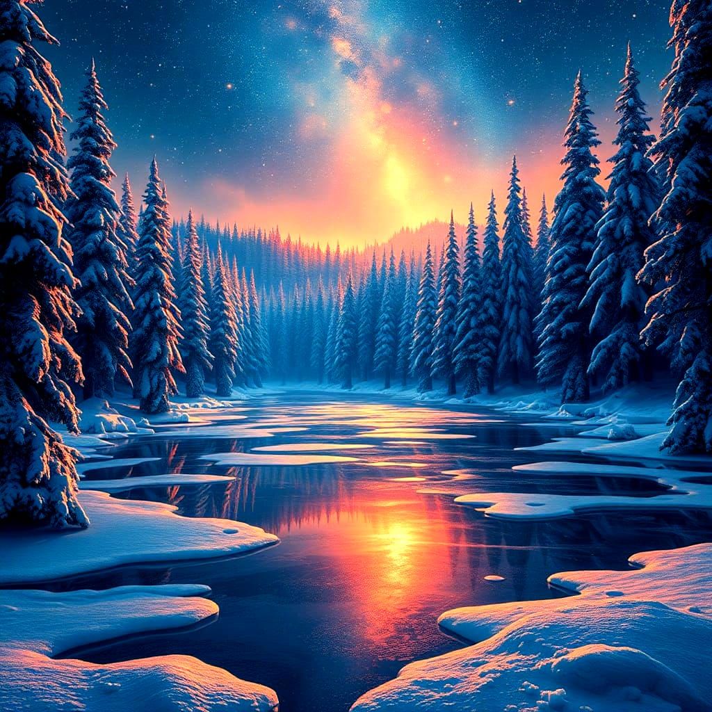 Starlight Illuminates Winter Forest in Art Nouveau Style