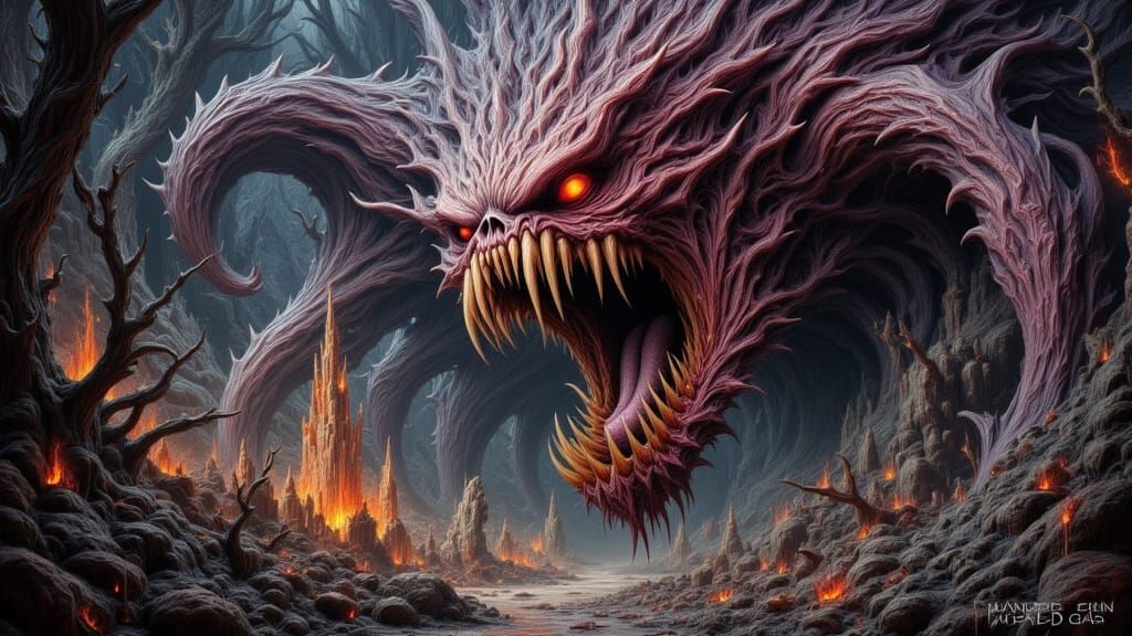 Colossal Maw Devours Village in Simon Bisley Fantasy Art Sty...