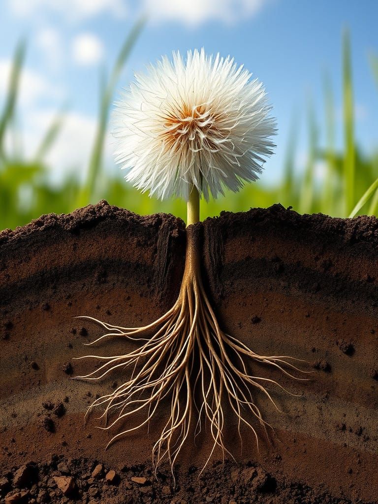 Botanical Study of Dandelion in Full Bloom and Underground R...