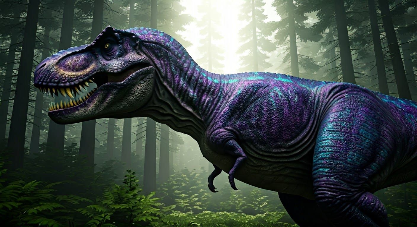 Vibrant Purple Tyrannosaurus Rex Seeks Prey in Dawn-Lit Fore...