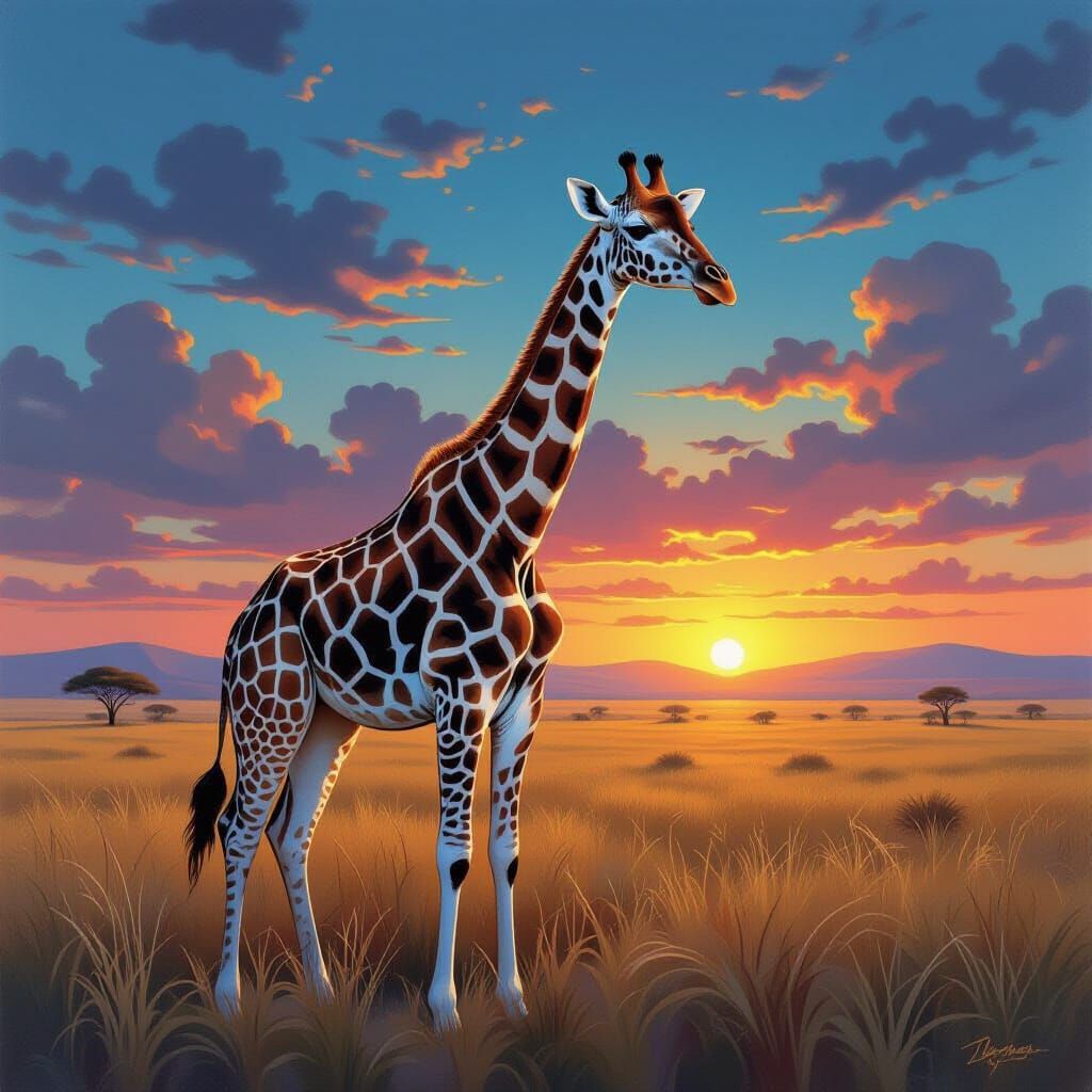 Surreal Giraffe on Dreamlike Savanna in Oil Painting Style