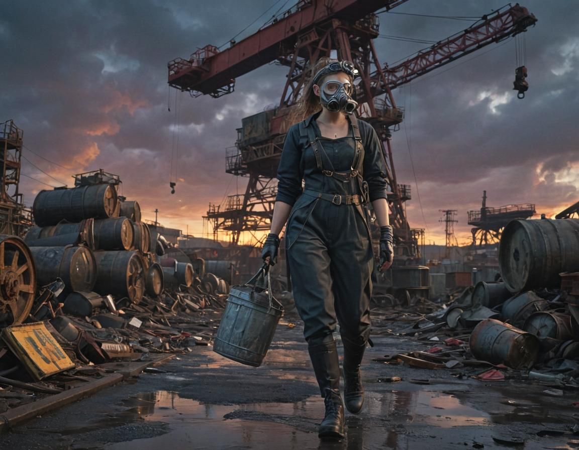Dieselpunk Girl in Industrial Port at Sunset