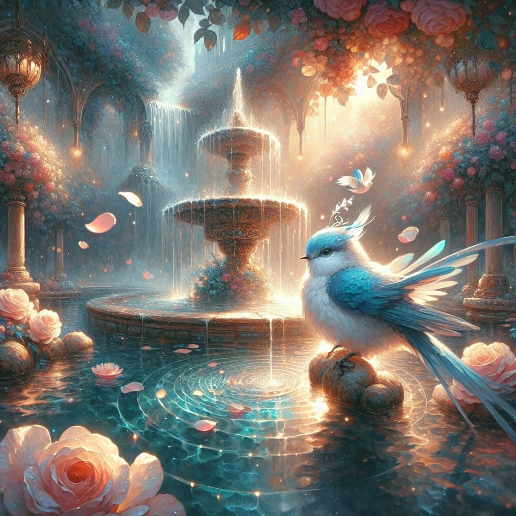 Blue Bird on Enchanted Fountain in Golden Hour Light