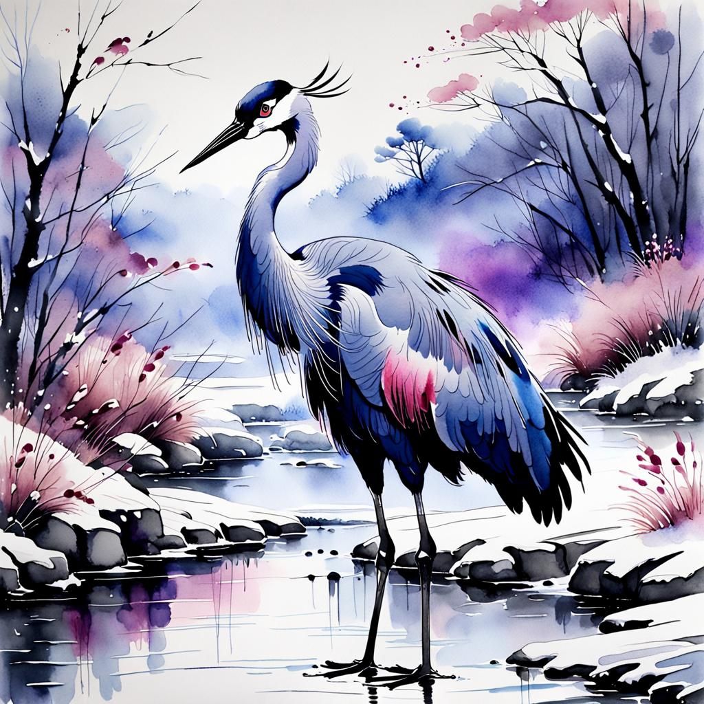 Majestic Crane Portrait in Chinese Ink Painting Style