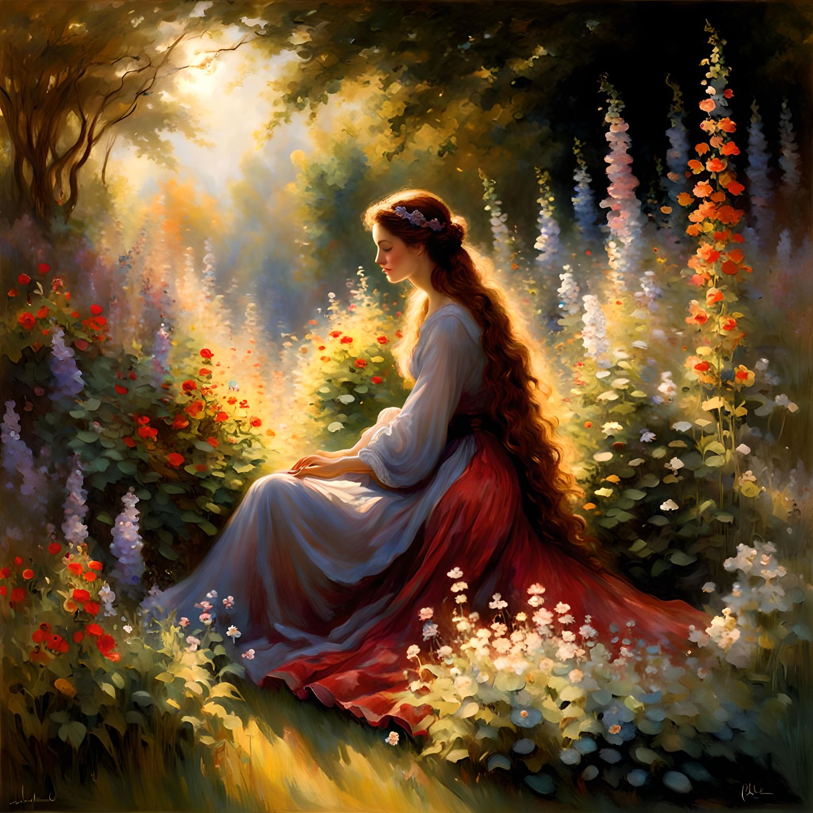 Woman sitting peacefully in a lush, overgrown garden surroun...