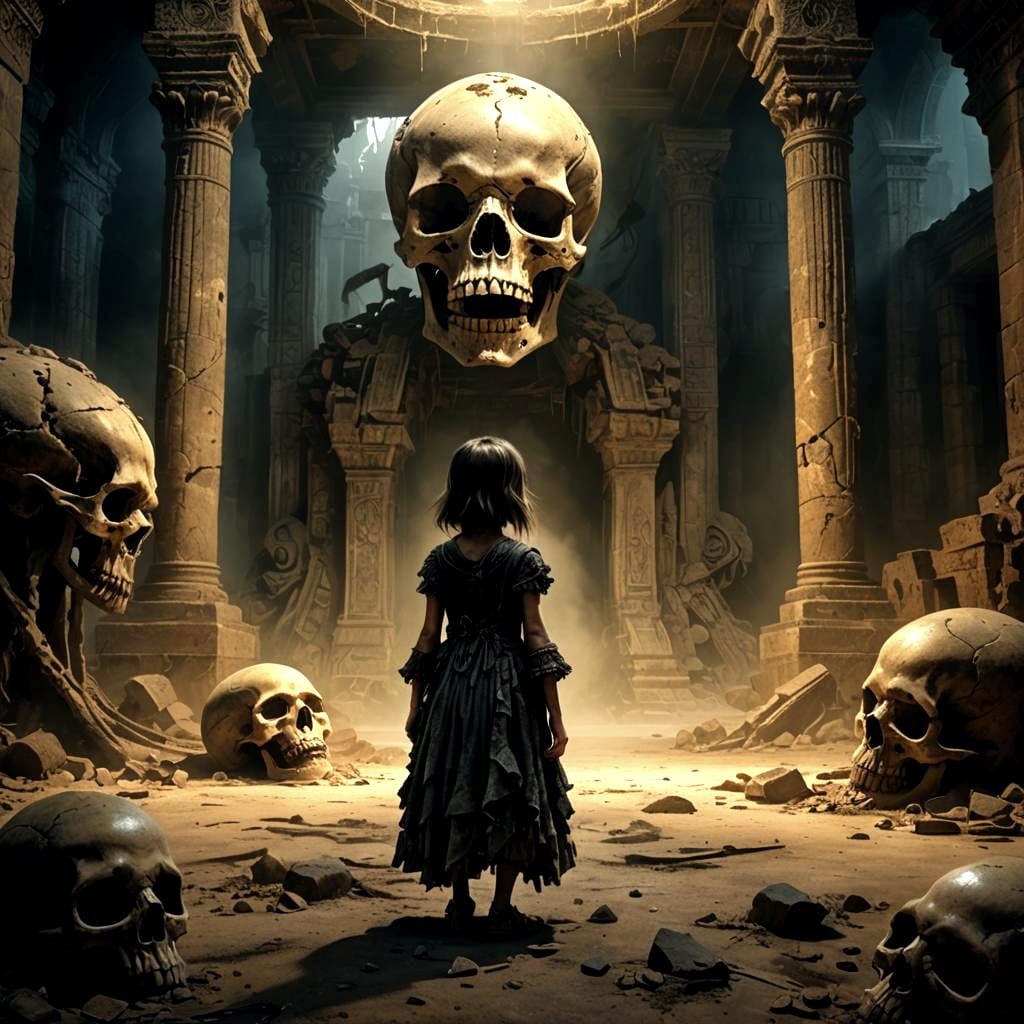 Frightened Girl with Skulls: Detailed Matte Painting
