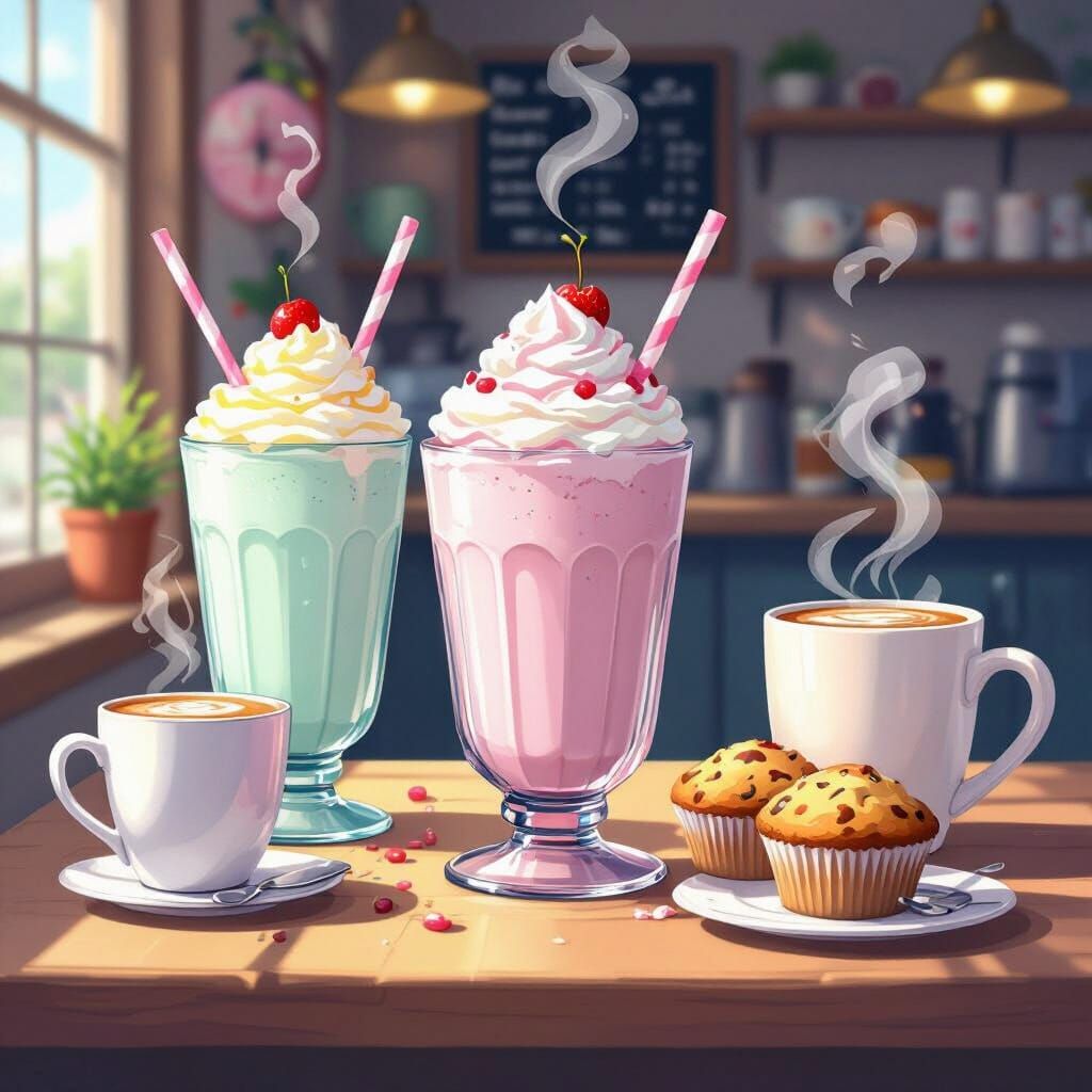 Pastel Anime Still Life: Milkshakes, Mugs, and Muffins