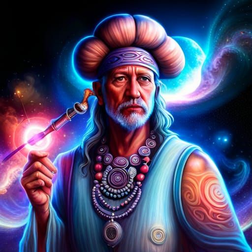 Mystical Shaman with Pipe in Galactic Landscape