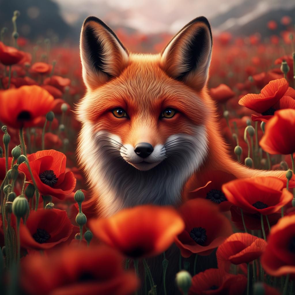 Red Fox Among Poppies: Detailed Matte Painting