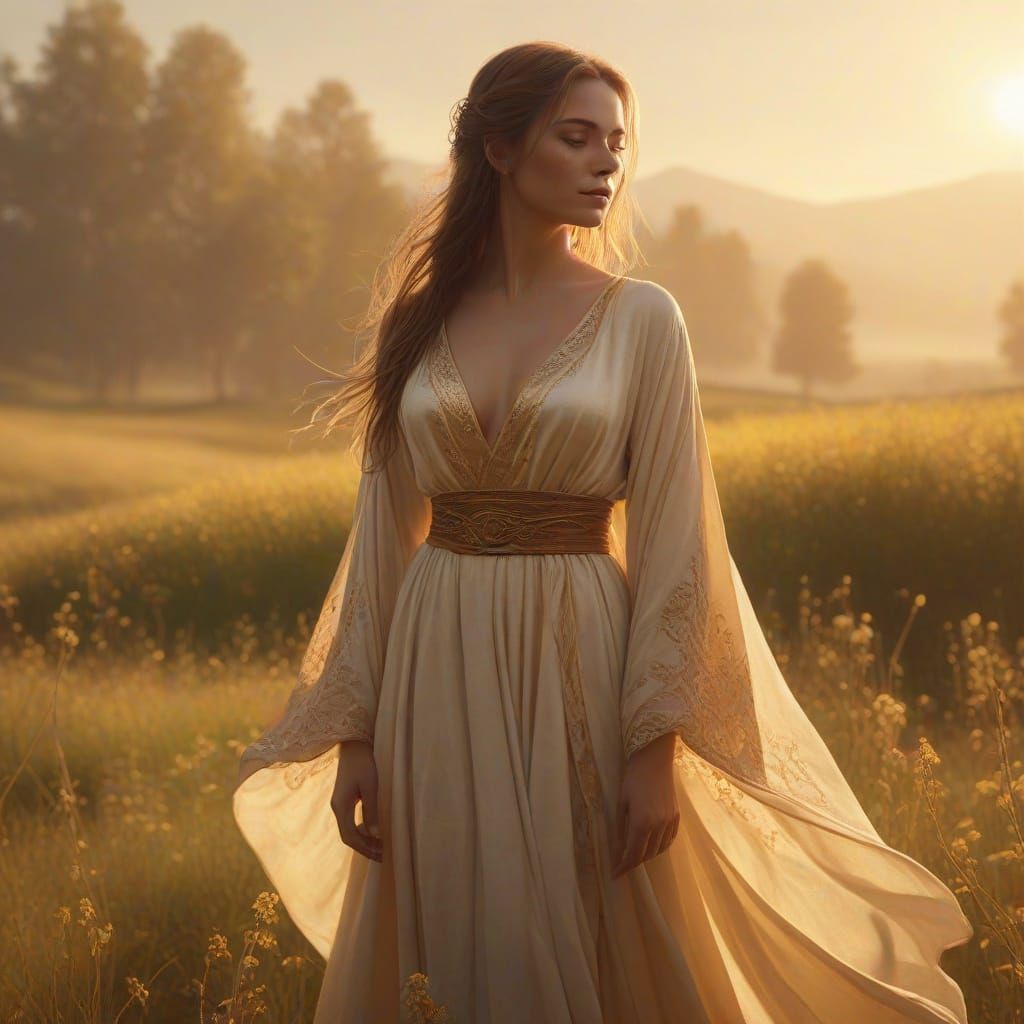 Serene Meadow Woman in Golden Hour Light