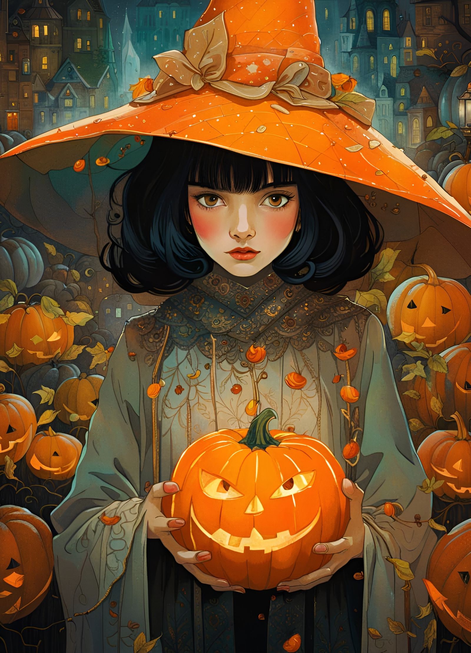 Girl in Witch Costume with Pumpkin