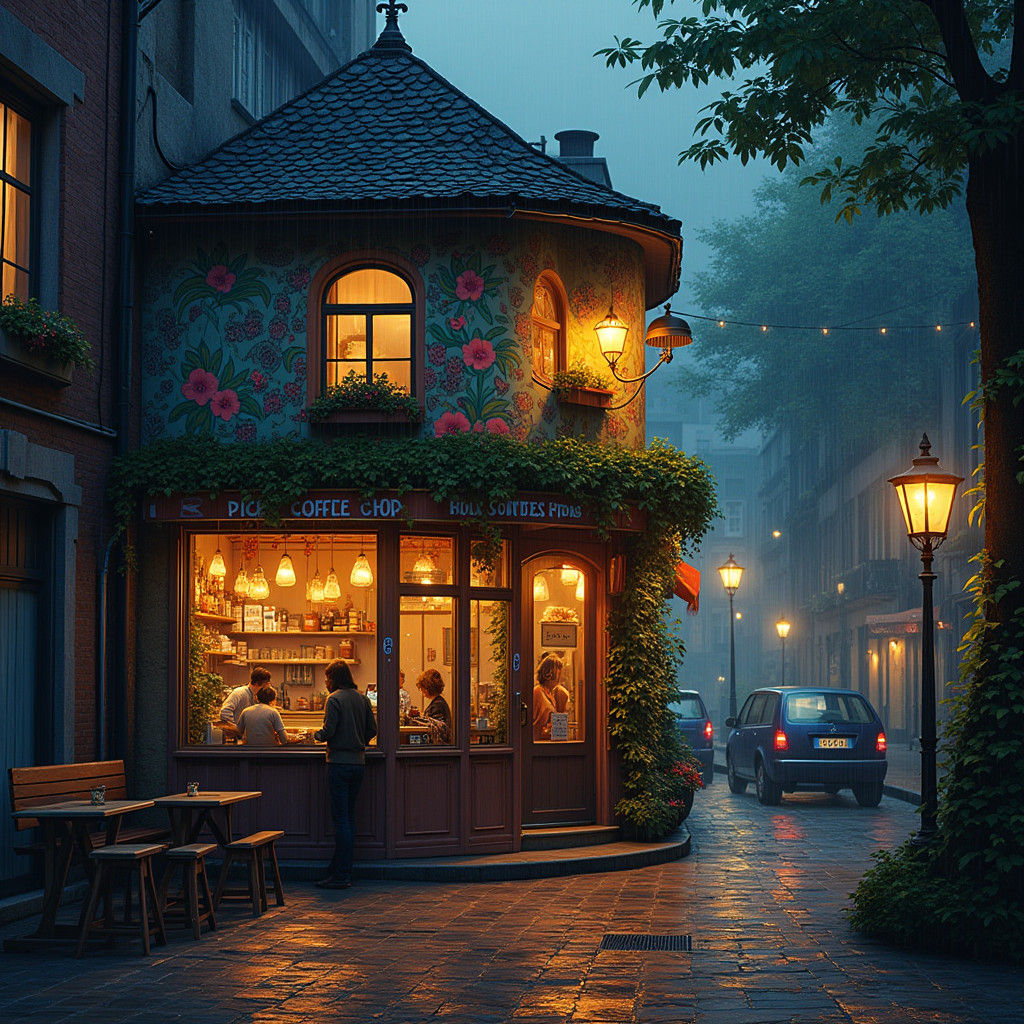 Mystical Coffee Shop in Cityscape, Detailed Matte Painting