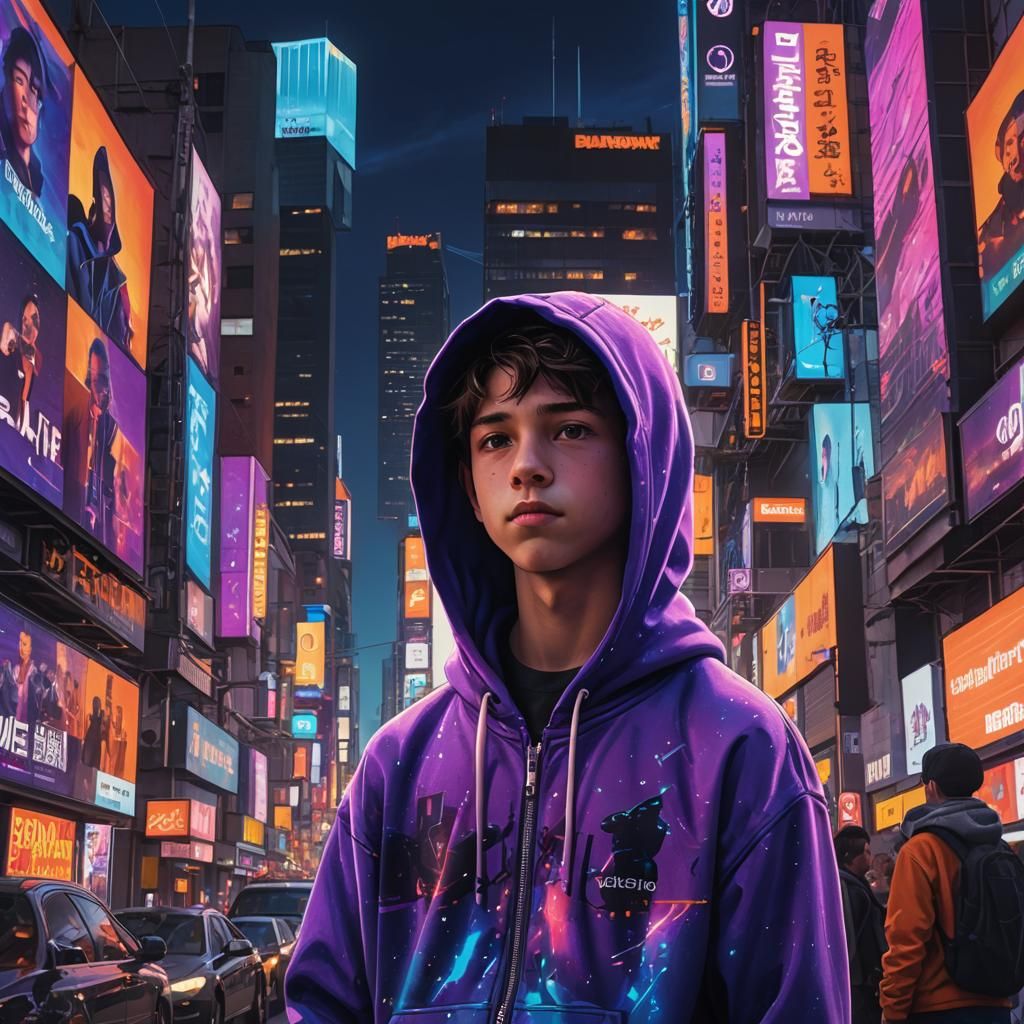 Neon Cityscape: Boy in a Hoodie, Digital Art