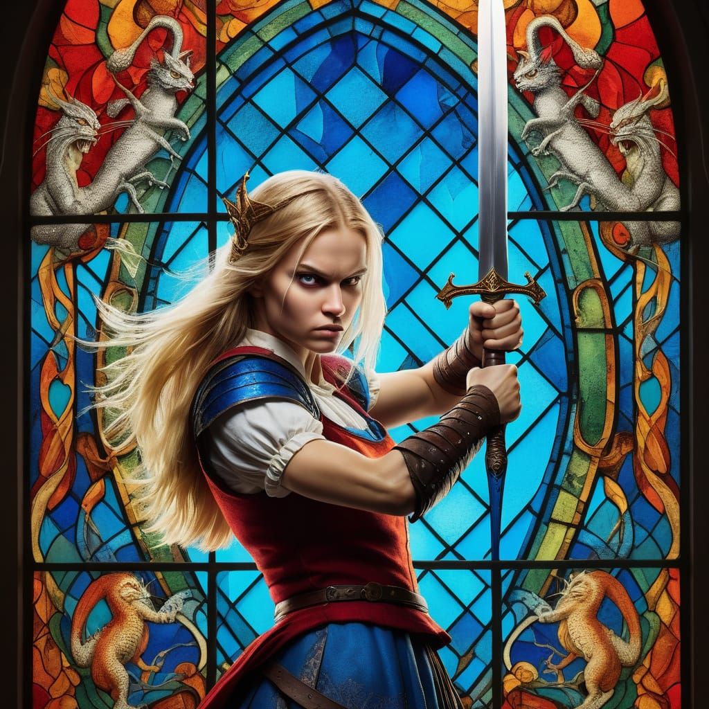 Strong Blonde Warrior Fights Jabberwocky in Medieval Style