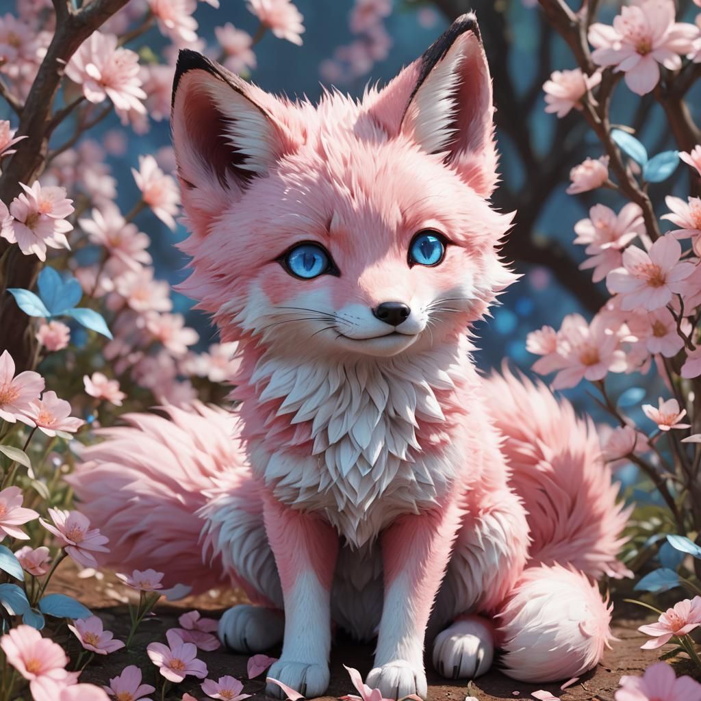 Cute Pink Fox with Blue Eyes in 3D Anime Art