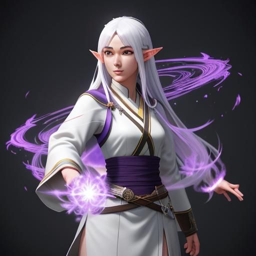 Half Elf Monk with Purple Flames in 3D Anime Art