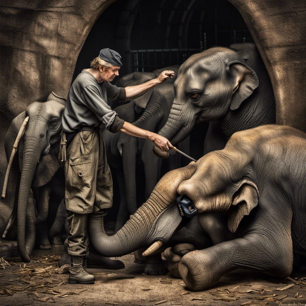 Rembrandt working as a zoo keeper cleaning out the elephants