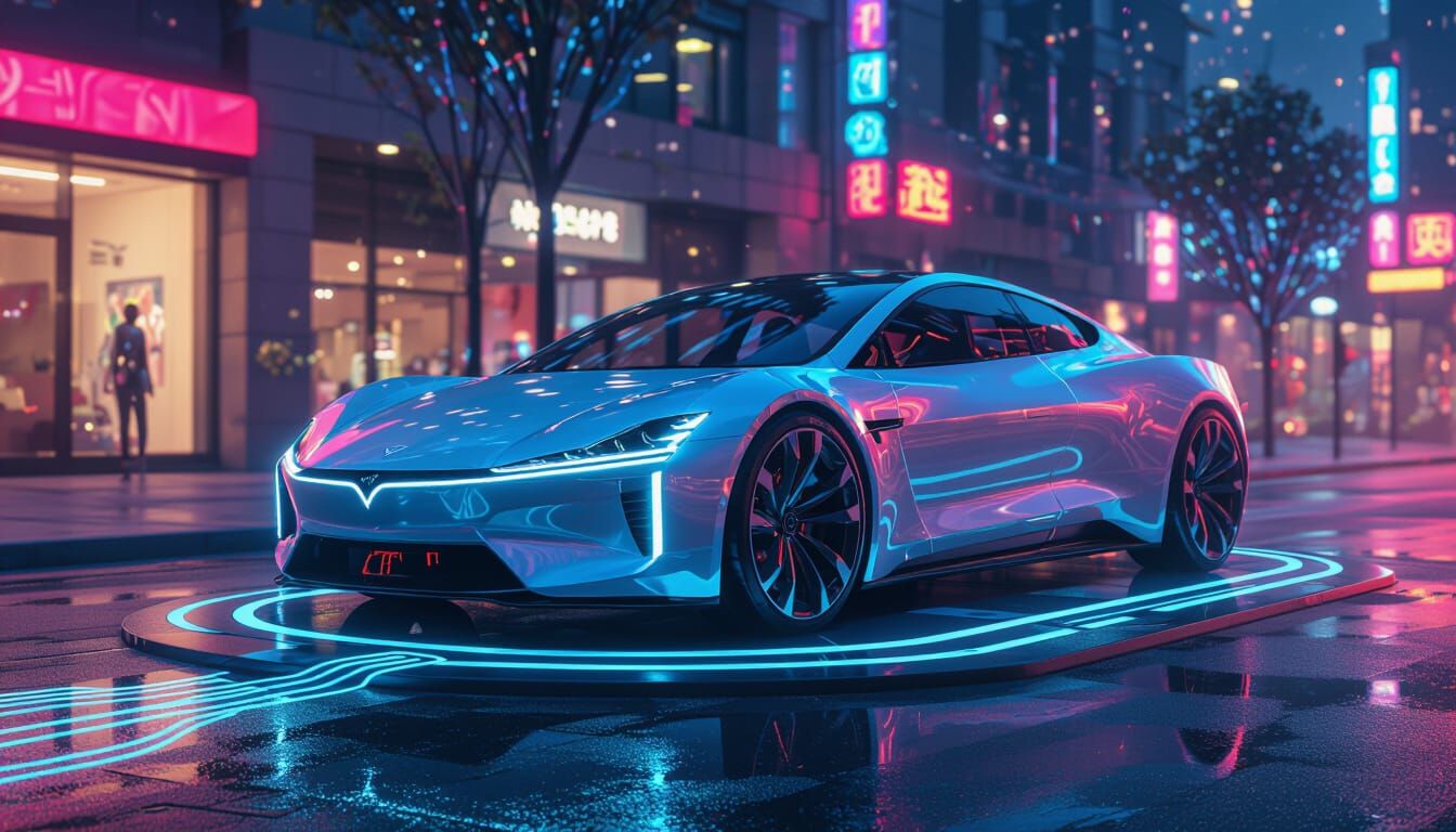 Futuristic Electric Car Recharging at Dusk