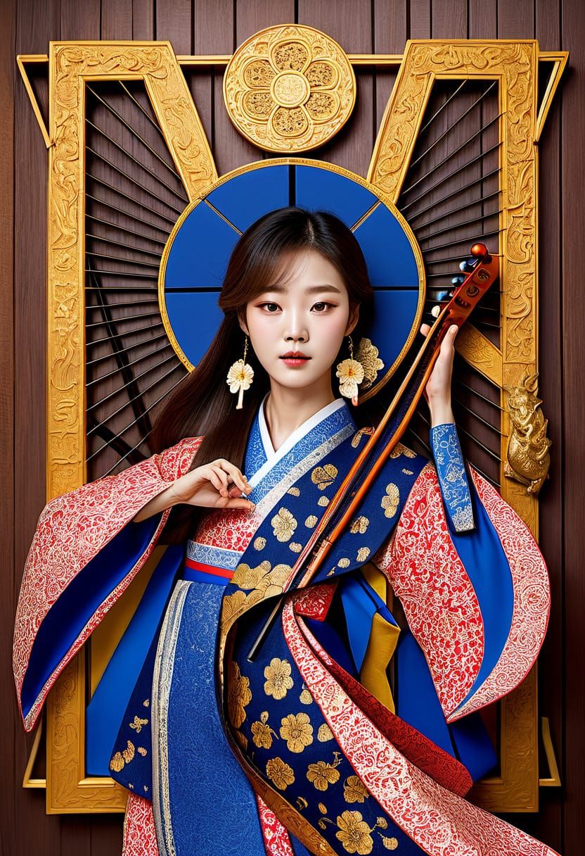 Korean Woman Playing Haegeum in Folk Art Style