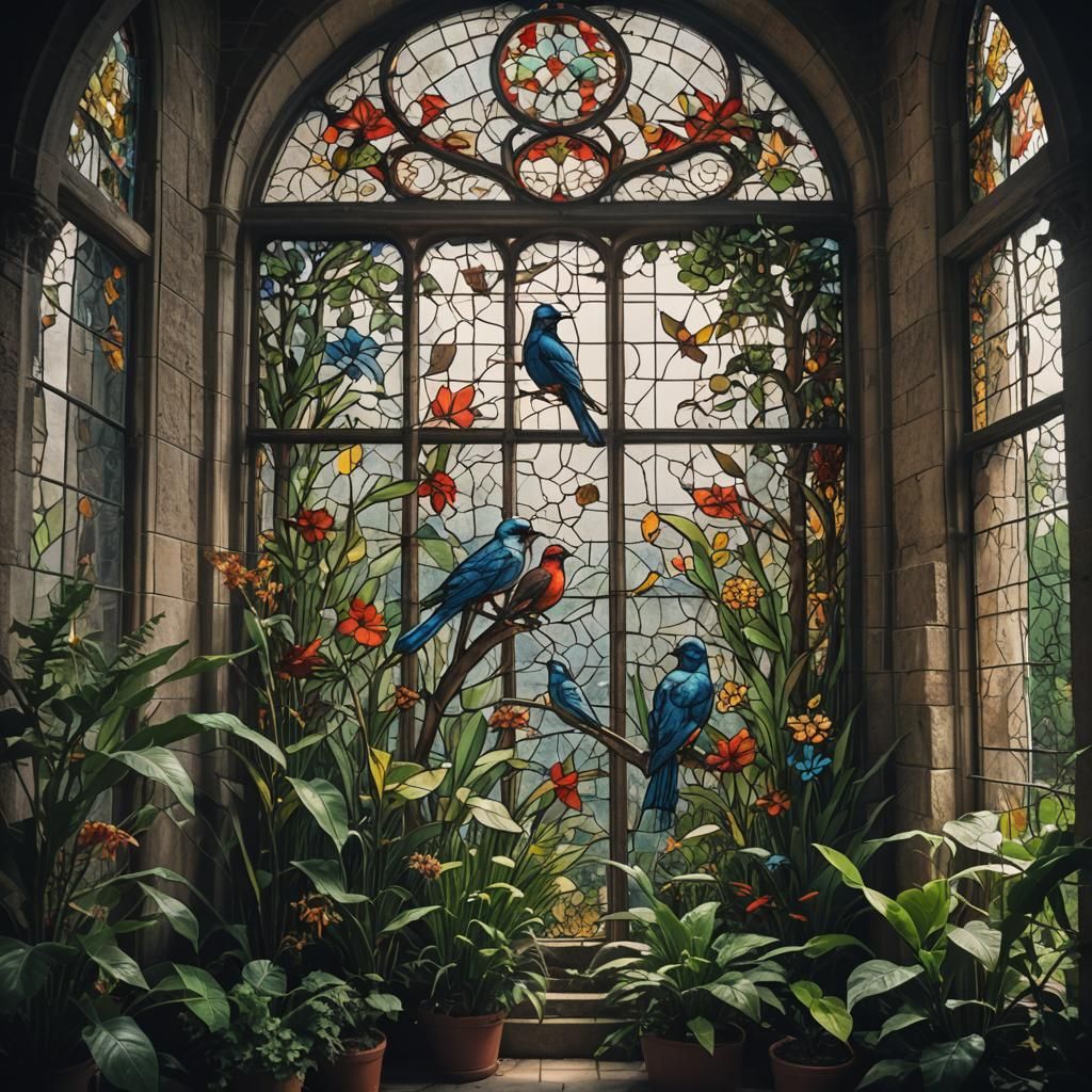 Stained Glass Window with Birds in Castle