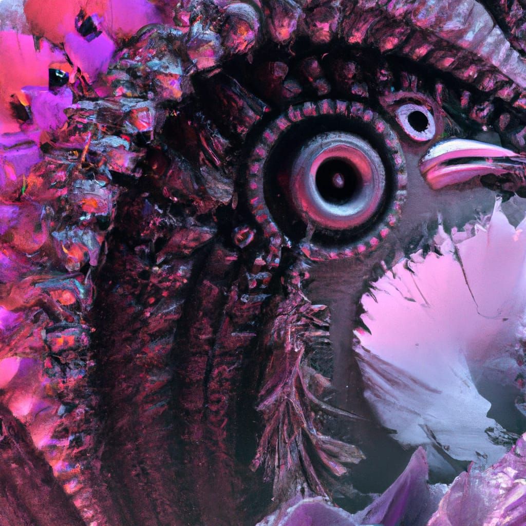 A chrome bird. Purple swirls background. Surrealism.