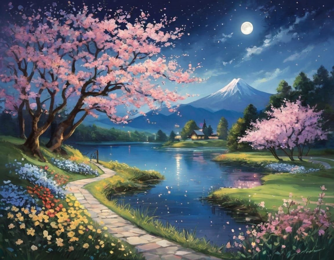 Serene Lake Path Under Cherry Blossoms at Moonlight