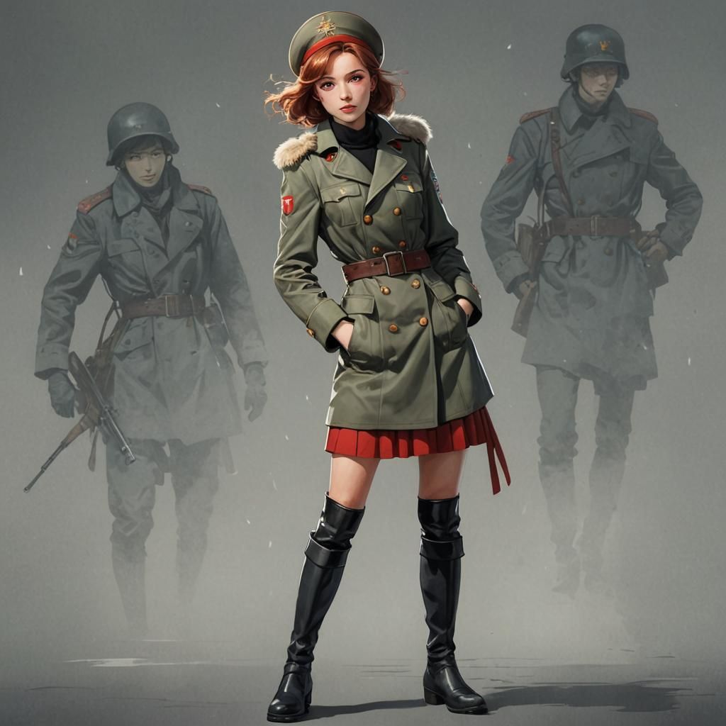 Anime Military Portrait of Russian Woman in Soviet Uniform