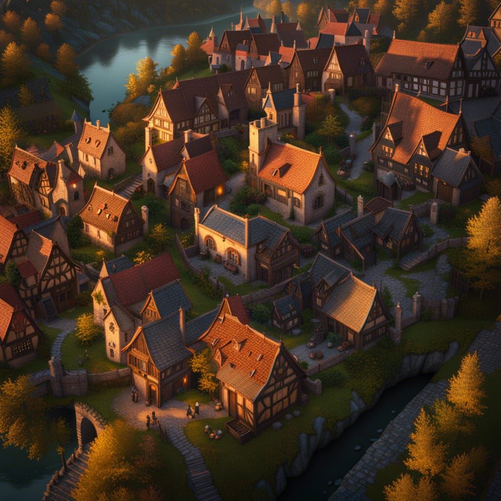 Sunset Over Detailed Medieval Town