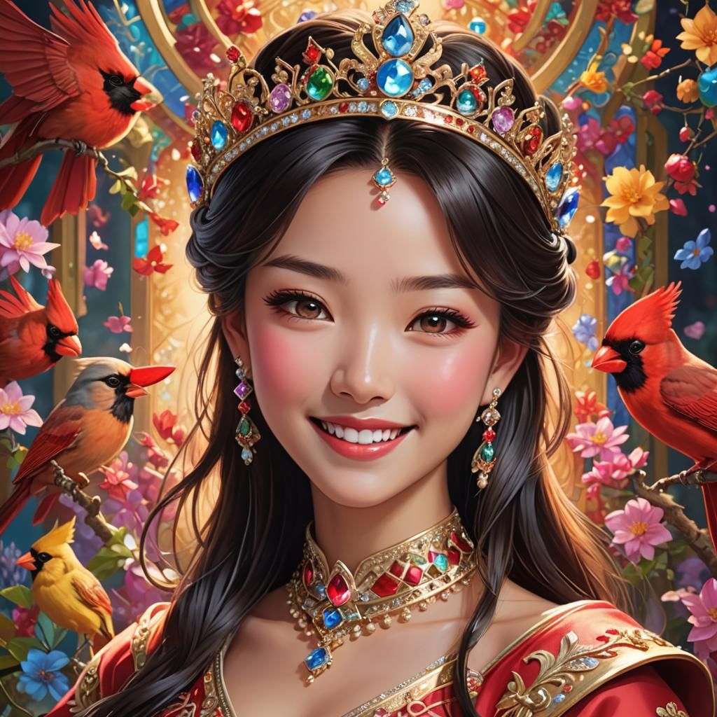 Anime Princess with Northern Cardinals in Hyperrealistic Sty...