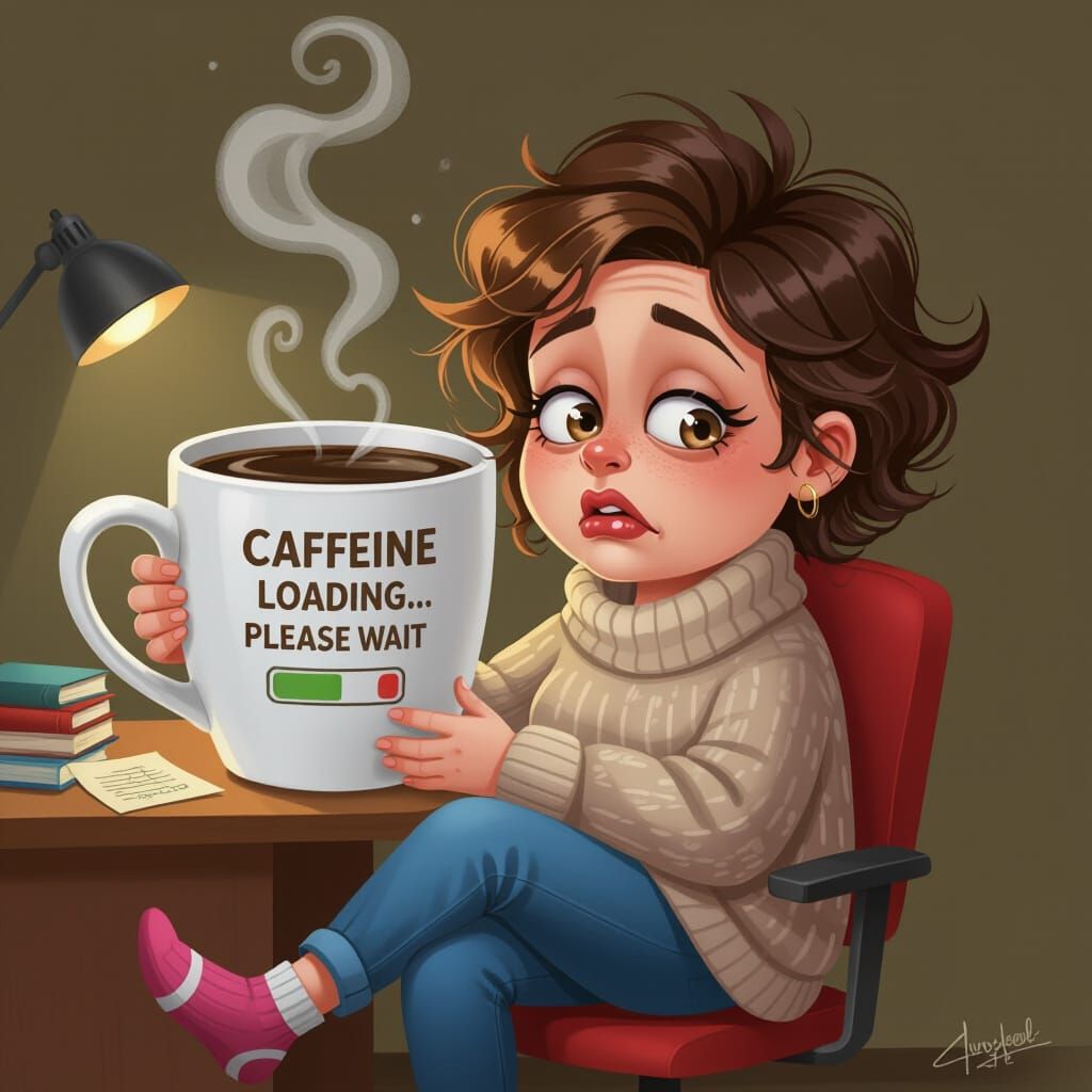 Sleepy Caricature With Giant Coffee Mug