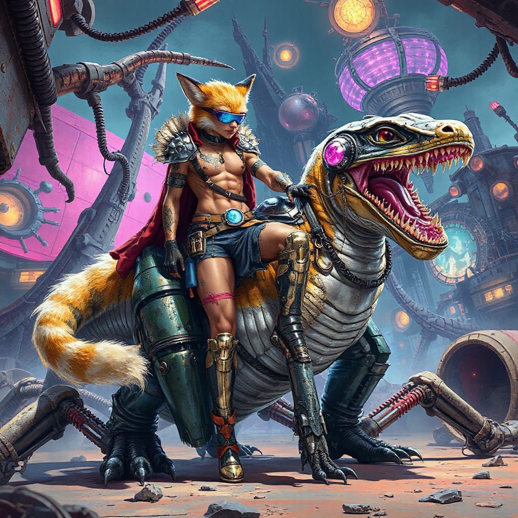 Fox Warrior Rides Cyber-Lizard in Dystopian Wasteland