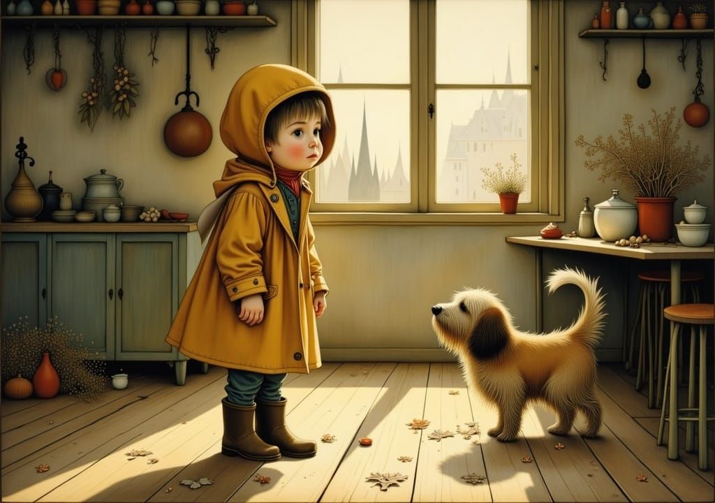 Toddler and Dog in Kitchen, Whimsical Art Style