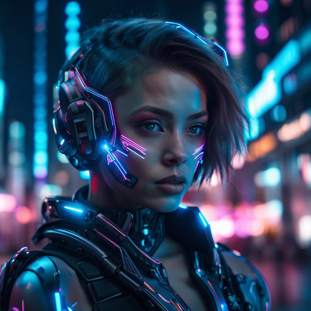 Cyborg Girl Portrait in Neon Cityscape
