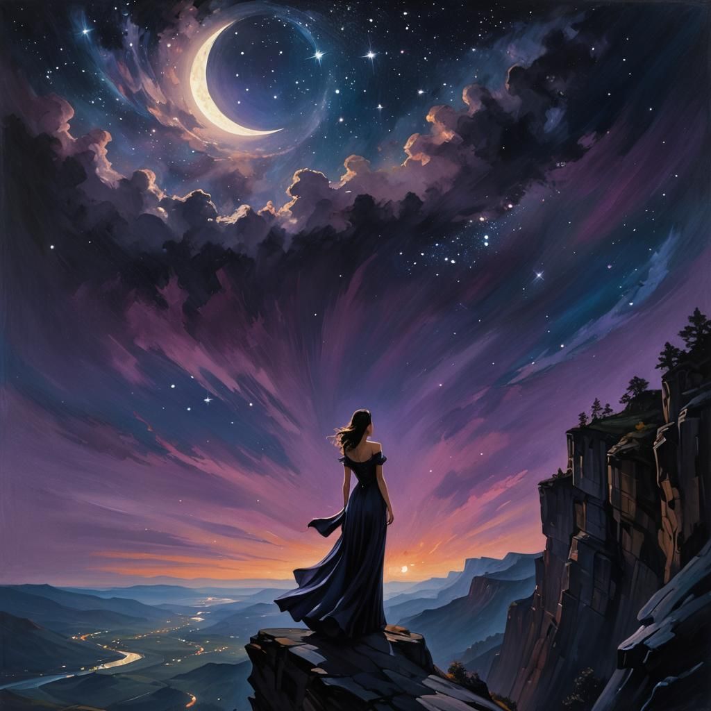 Noir Fantasy Woman Gazing at Starry Night
