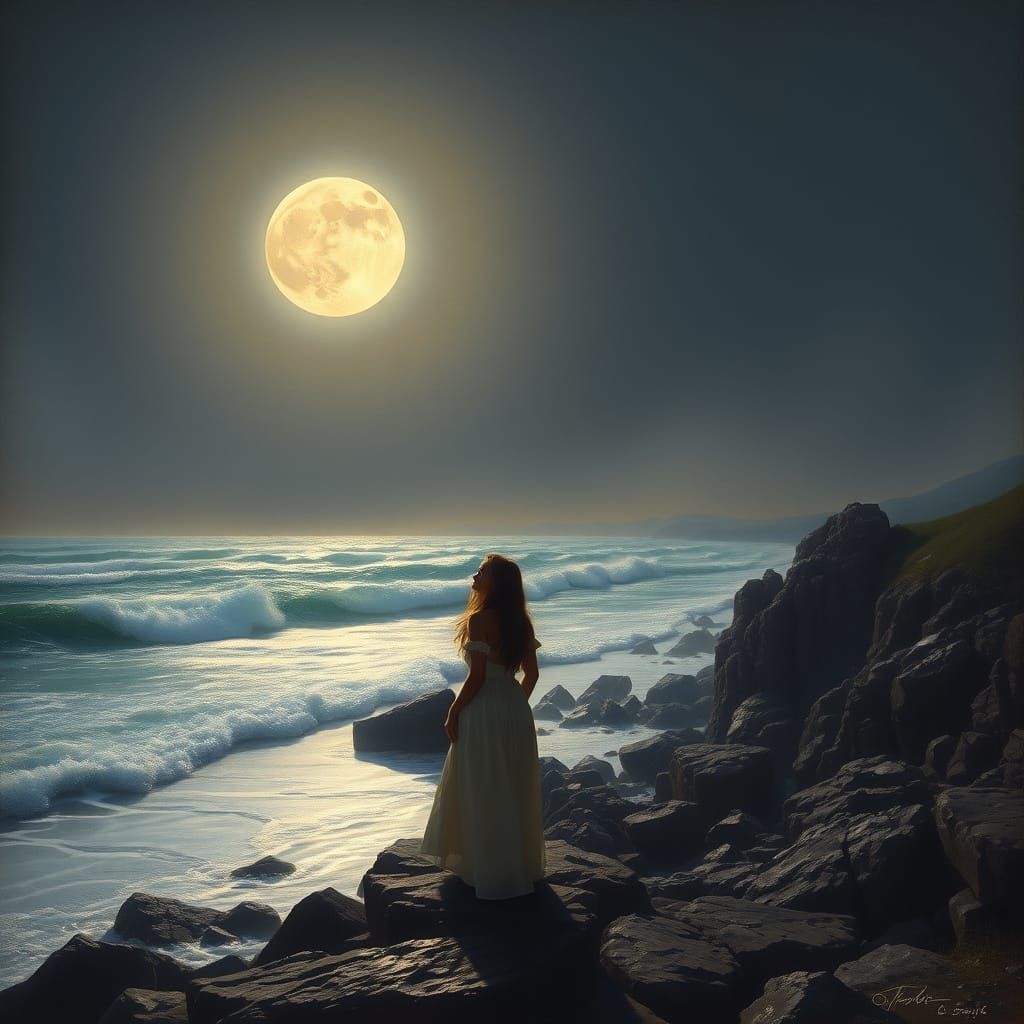 Serene Woman Contemplates Full Moon Under Starry Night Sky