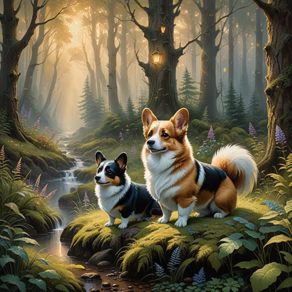 Ethereal Corgi and Skunk in Misty Forest