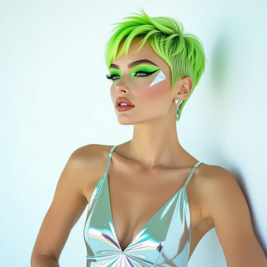 Stylish Woman with Neon Green Hair in Studio, Cinematic Styl...