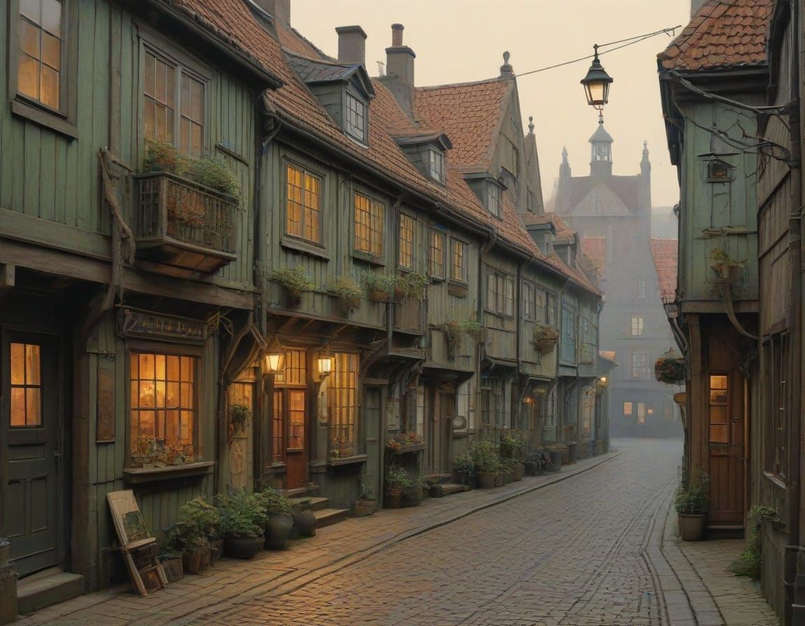 Whimsical Danish Port Town Alley in Intricate Detail