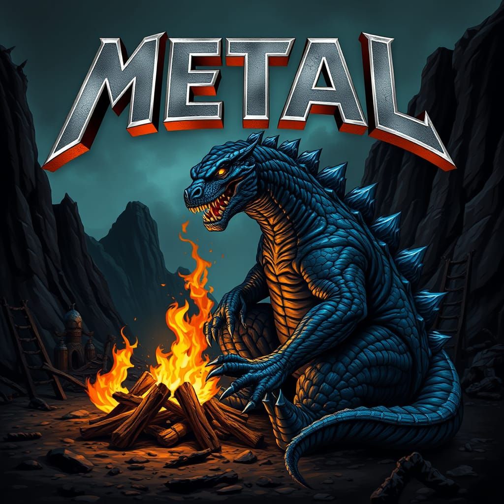 Cyberpunk Dragon Illuminated by Glowing Campfire in Dark, Ro...